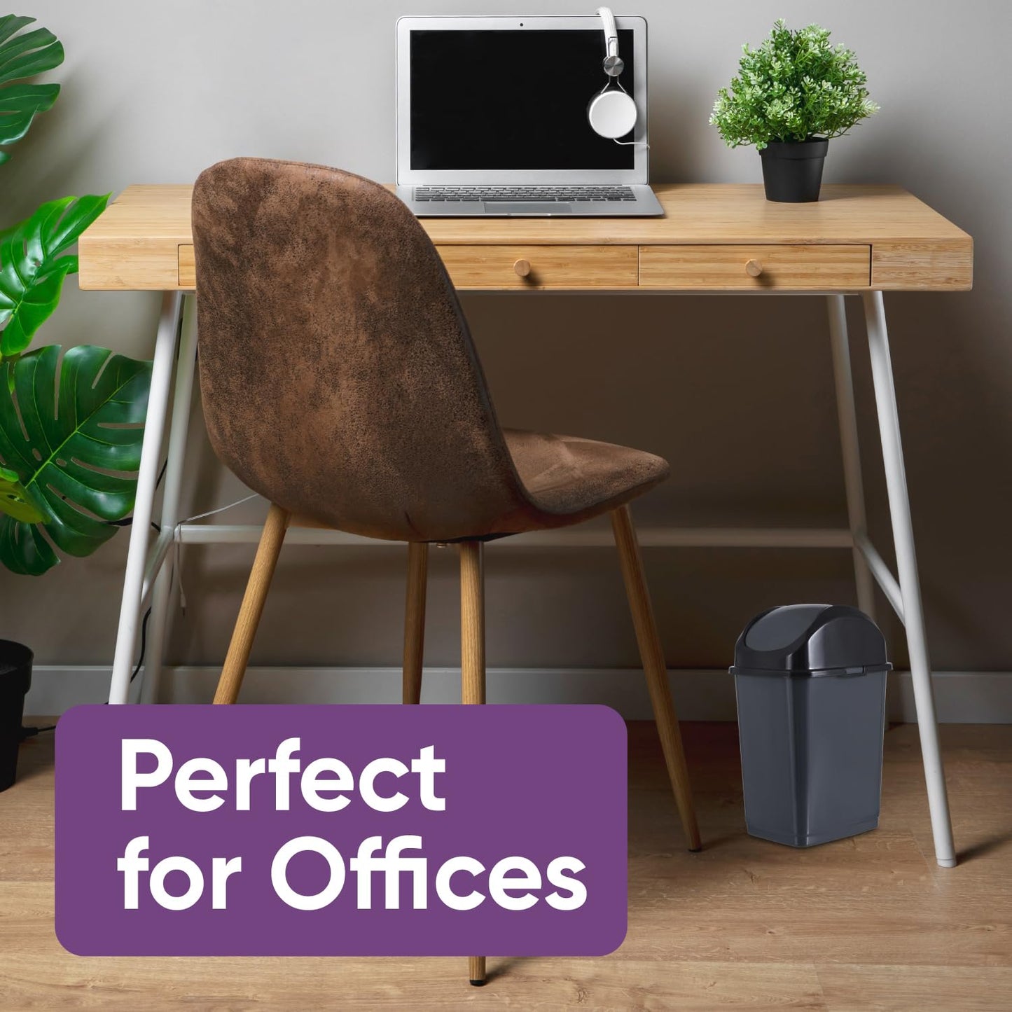 Superio Small 2.5 Gallon Plastic Trash Can with Swing Top Lid, Compact Slim Waste Bin for Under Desk, Office, Bedroom, Bathroom, Dorm Room, 10 Qt. Portable Garbage Can (Dark Grey, 2 Pack)