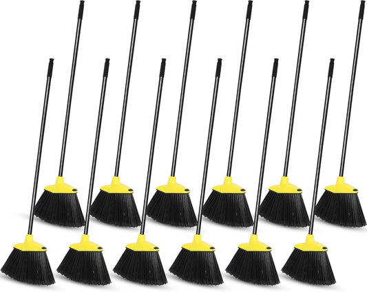 12 Pcs Heavy Duty 53 Inch Commercial Angle Brooms for Sweeping Indoor Outdoor - Black Broom with