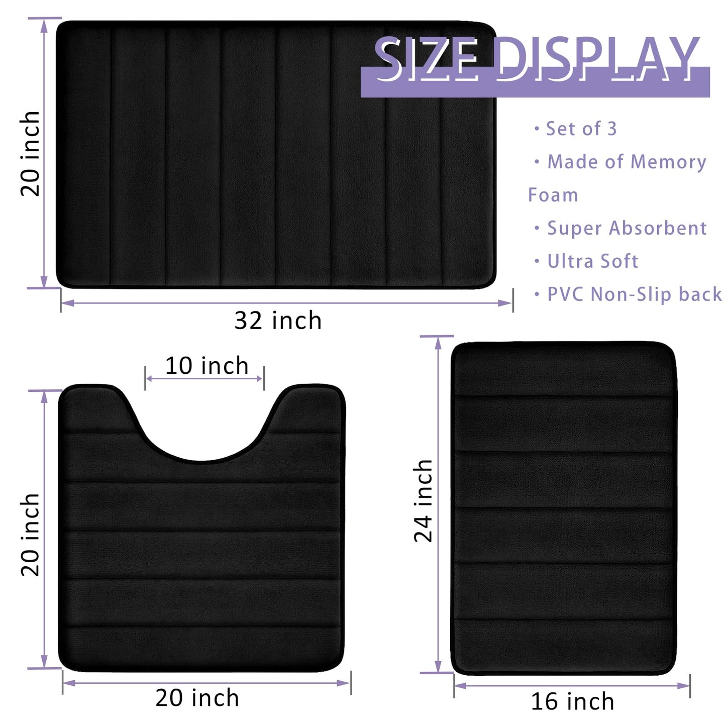 Bathroom Rugs Set Memory Foam Bath Rugs Non-Slip Bath Mat Set 3 Piece,Washable Bathroom
