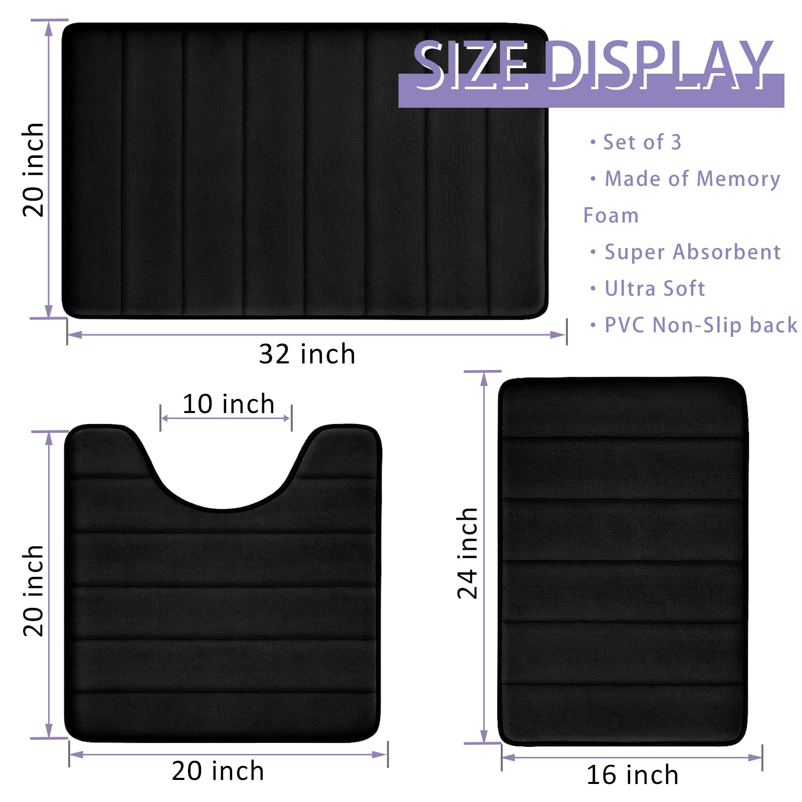 Bathroom Rugs Set Memory Foam Bath Rugs Non-Slip Bath Mat Set 3 Piece,Washable Bathroom