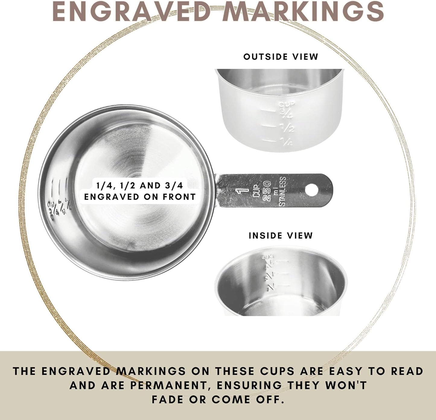 1 Cup Stainless Steel Measuring Cup | Sturdy Metal 250 ml | 240 cc | 8 oz | Single Cup for Wet and Dry Ingredients | Great for use as 1 Cup Dog Food Scoop - 4 PK