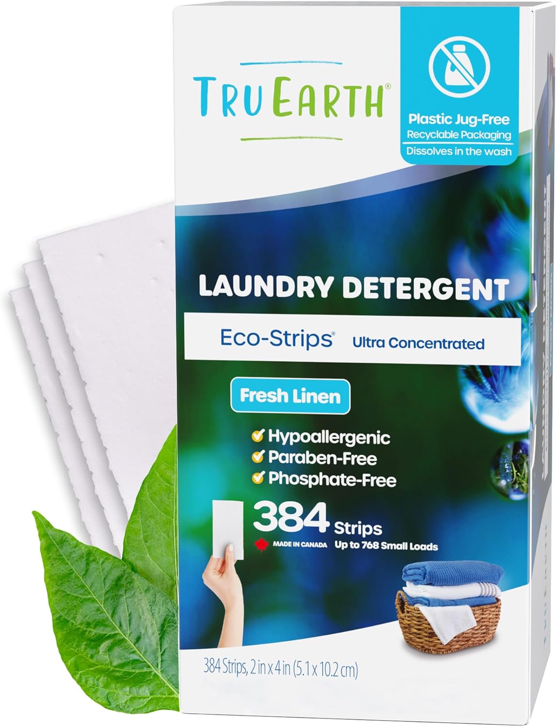 Tru Earth Compact Dry Laundry Detergent Sheets, Bulk, up to 768 Loads (384 Count) - Paraben-Free - Original Eco-Strip Liquidless Detergent, Travel Sheets - Fresh Linen