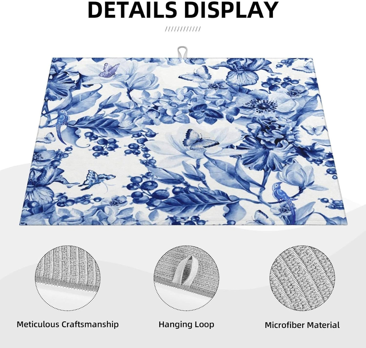 Chinoiserie Blue And White Floral Butterfly Dish Drying Mats For Kitchen Counter Microfiber Absorbent dish Mat Xl Reversible Drying Mats For Countertop 18 Inch X 24 Inch