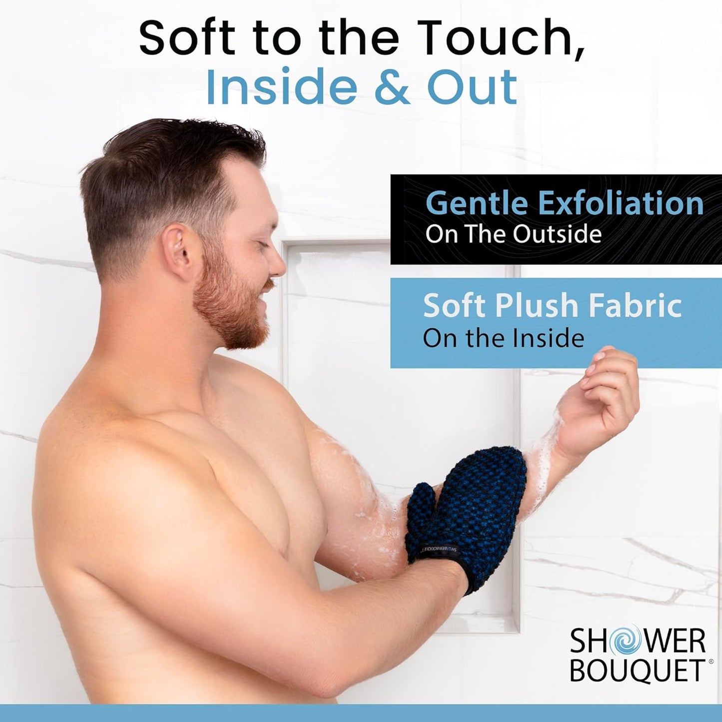 Japanese Exfoliating Mitt for Shower [1-Pack, Blue] - Charcoal & Silver Ion Exfoliating Glove - Gentle Exfoliation & Deep Cleansing Shower Mitt - Exfoliating Body Scrubber Glove, Soft Fabric Inside