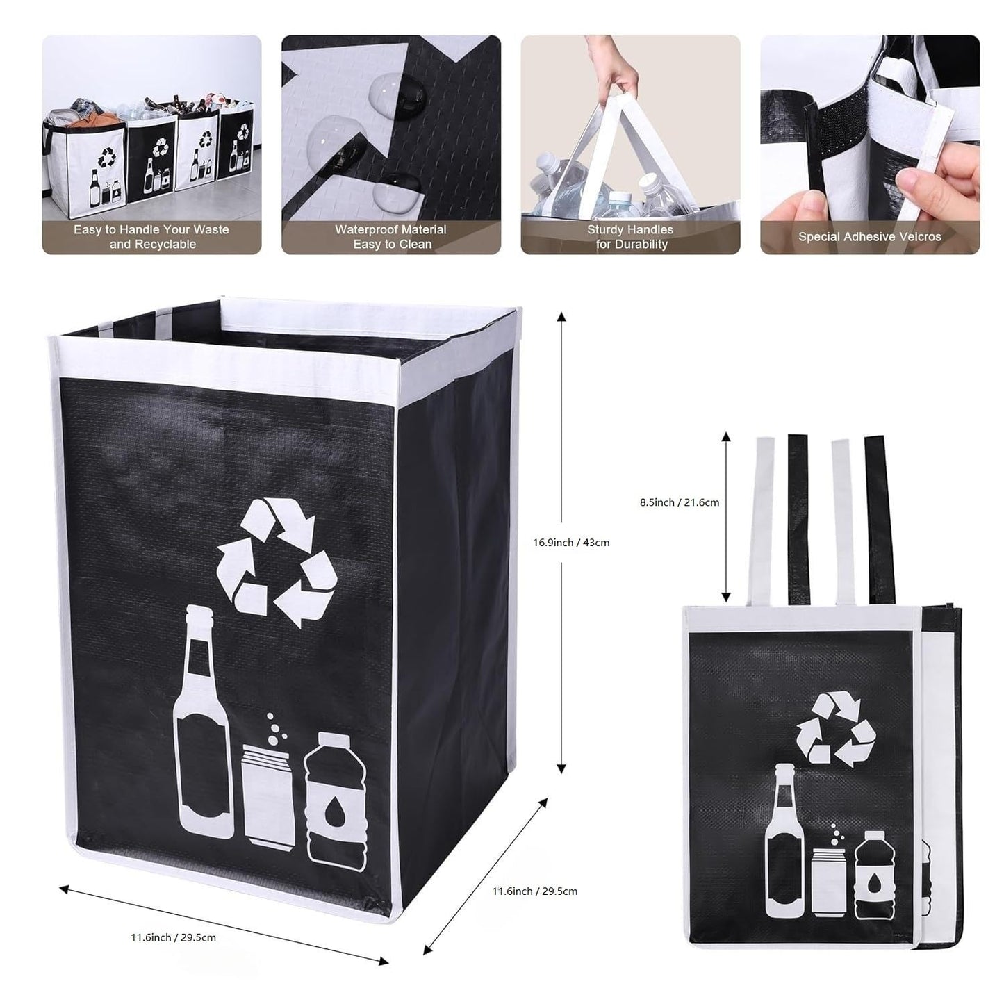 Recycle Waste Bag for Kitchen Home- Indoor Recycling Bins Trash Sorting Organizer, Reusable and Waterproof, 4 Pack