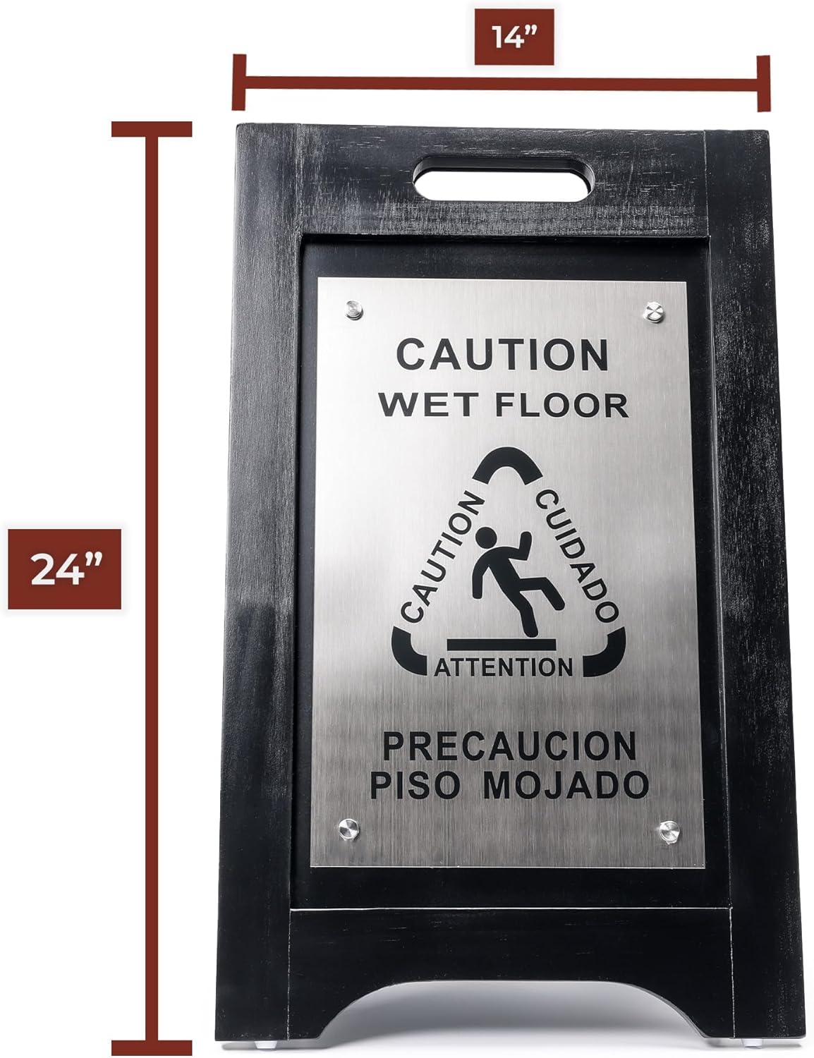 Premium Wooden Caution Wet Floor Sign – Bilingual w/ Non-Skid Plastic Feet – For Hotels, Schools, Offices, Areas, Restrooms, Pool Decks & Shops - Black Wood/Brushed Nickel Plate