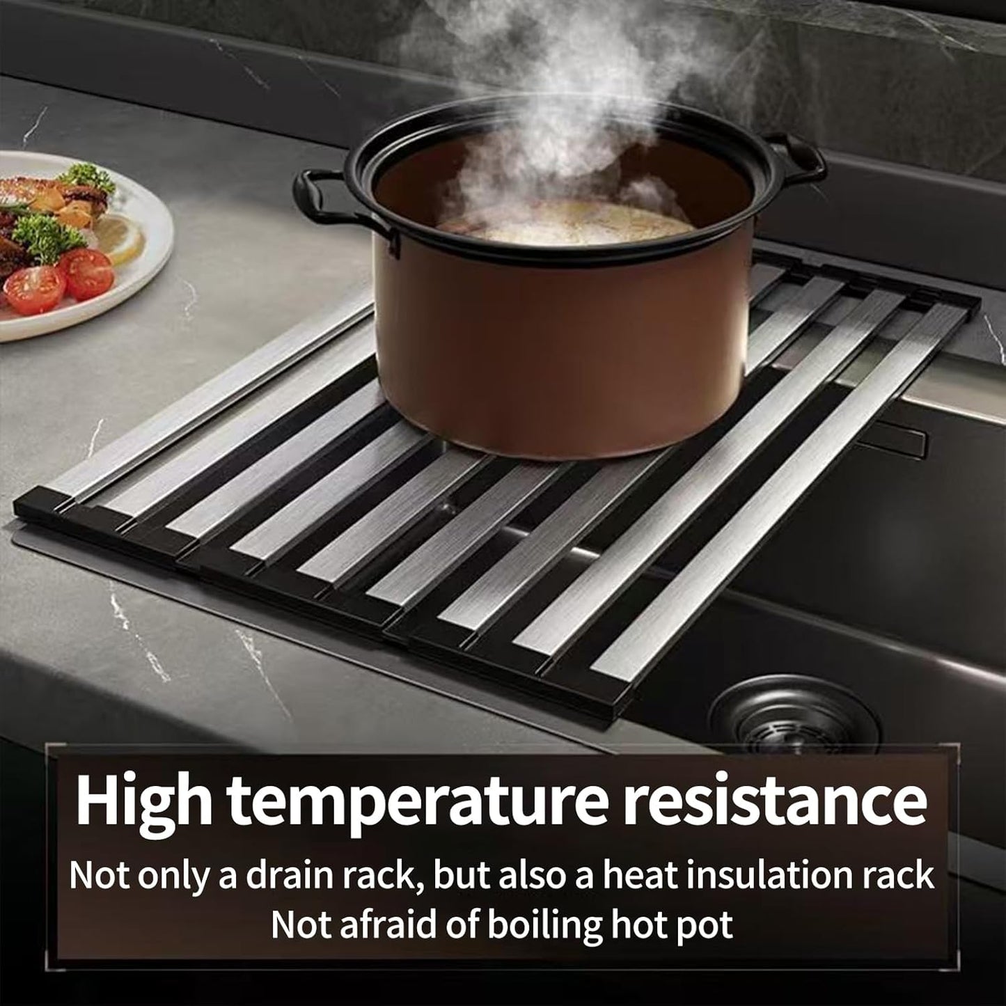 Foldable Dish Drying Rack, Over The Sink Dish Drying Rack ，Dish Drying mat，Dish Drying mats for Kitchen Counter，Stainless Steel Multifunctional mat(16.54×12.8in)