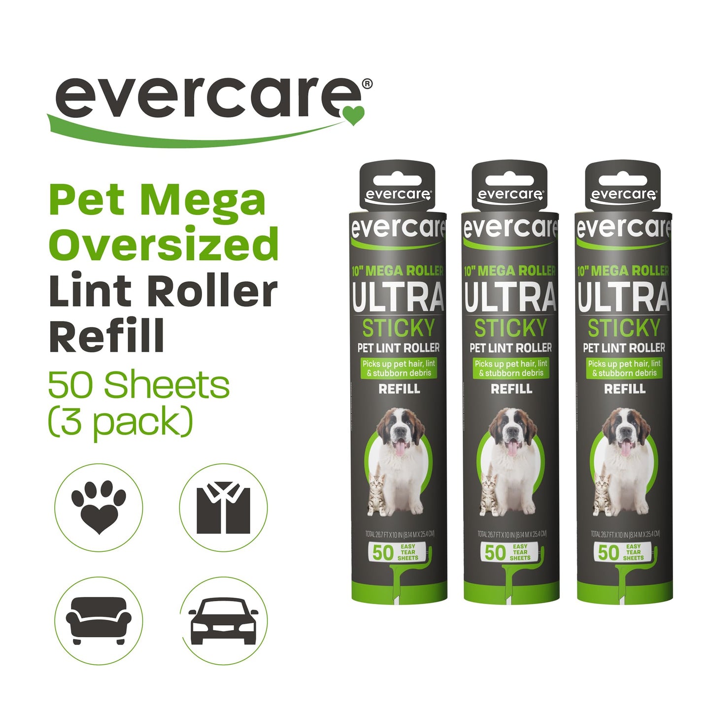 Evercare Pack of 3 All-Purpose Pet Mega Oversized Lint Roller Refills, 50 Sheets Each