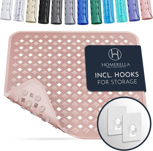 Homerella Anti Slip Shower Mat | Anti Mold Non Slip Bathtub Mat for Inside Shower | Square Floor Shower Mat 21 x 21 inch with Suction Cups for Grip & Hooks Hanging and Quick Drying | Machine Washable