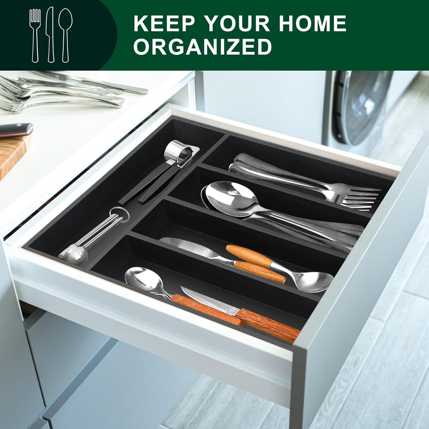 Ayiaren Small Kitchen Silverware Organizer Wooden Utensil Drawer Organizers Narrow Flatware Tray Wood Flatware Organizer for Drawer Spoon Organizer Black Utensil Holder Drawers Bamboo Silverware Tray