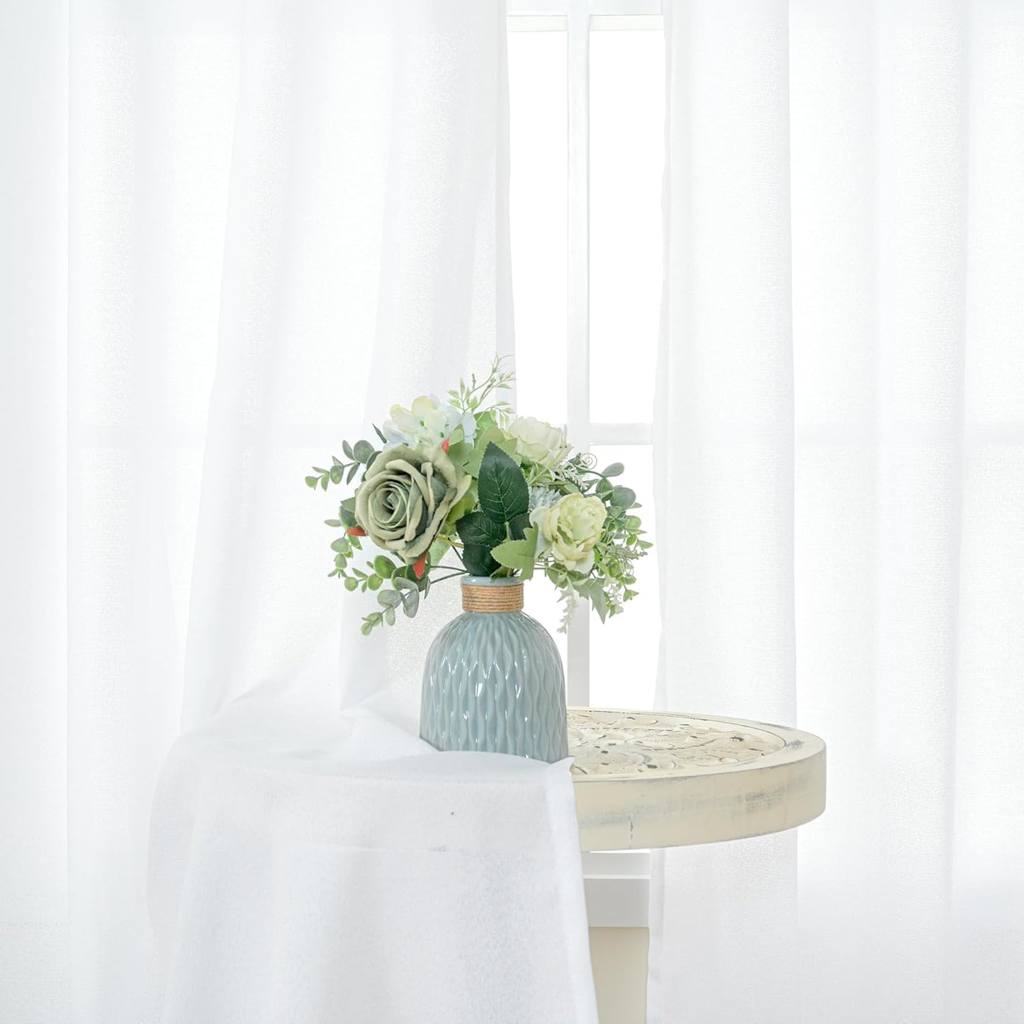 YoungsTex White Linen Cafe Curtains 36 Inch Length 2 Panels - Short Drapes Semi Sheer with Rod Pocket Back Tab Lightweight for Bathroom Kitchen Windows Over Sink, 42 X 36 Inch