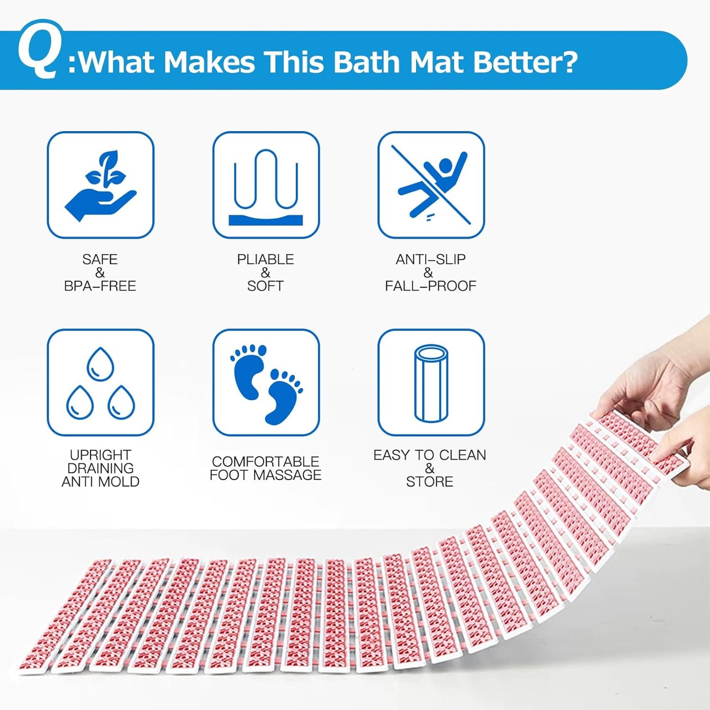 Matace Non Slip Rubber Bathtub & Shower Mat with Suction Cups, Thick Textured Surface, Fast Drain and Upright Drying Design, No Pooling Water for Better Hygiene, 27 x 16 Inch, Pink