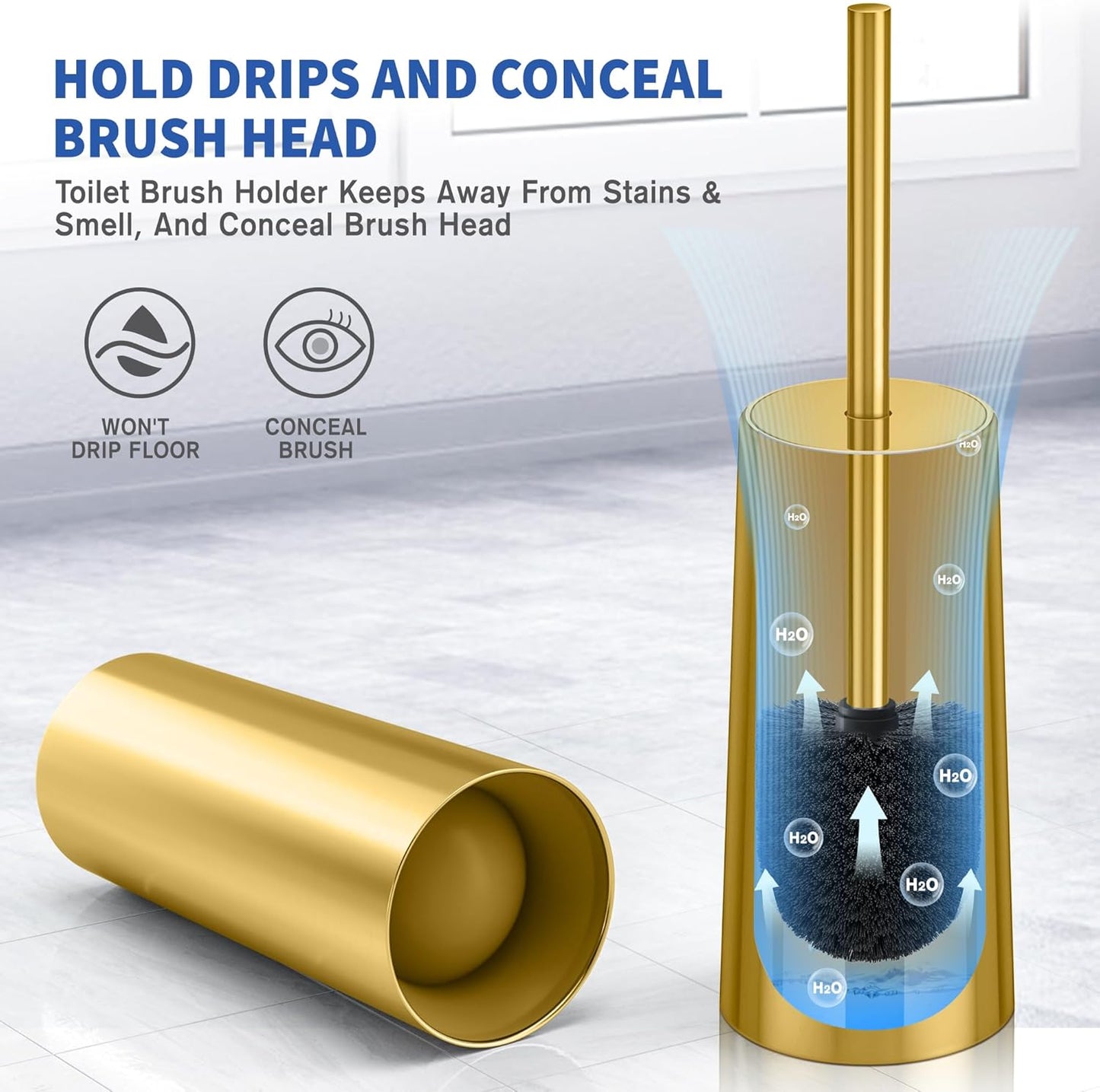 Toilet Brush and Holder, 2 Pack Toilet Brush Stainless Steel, Toilet Bowl Brush for Bathroom Toilet-Ergonomic, Elegant,Durable (Gold)