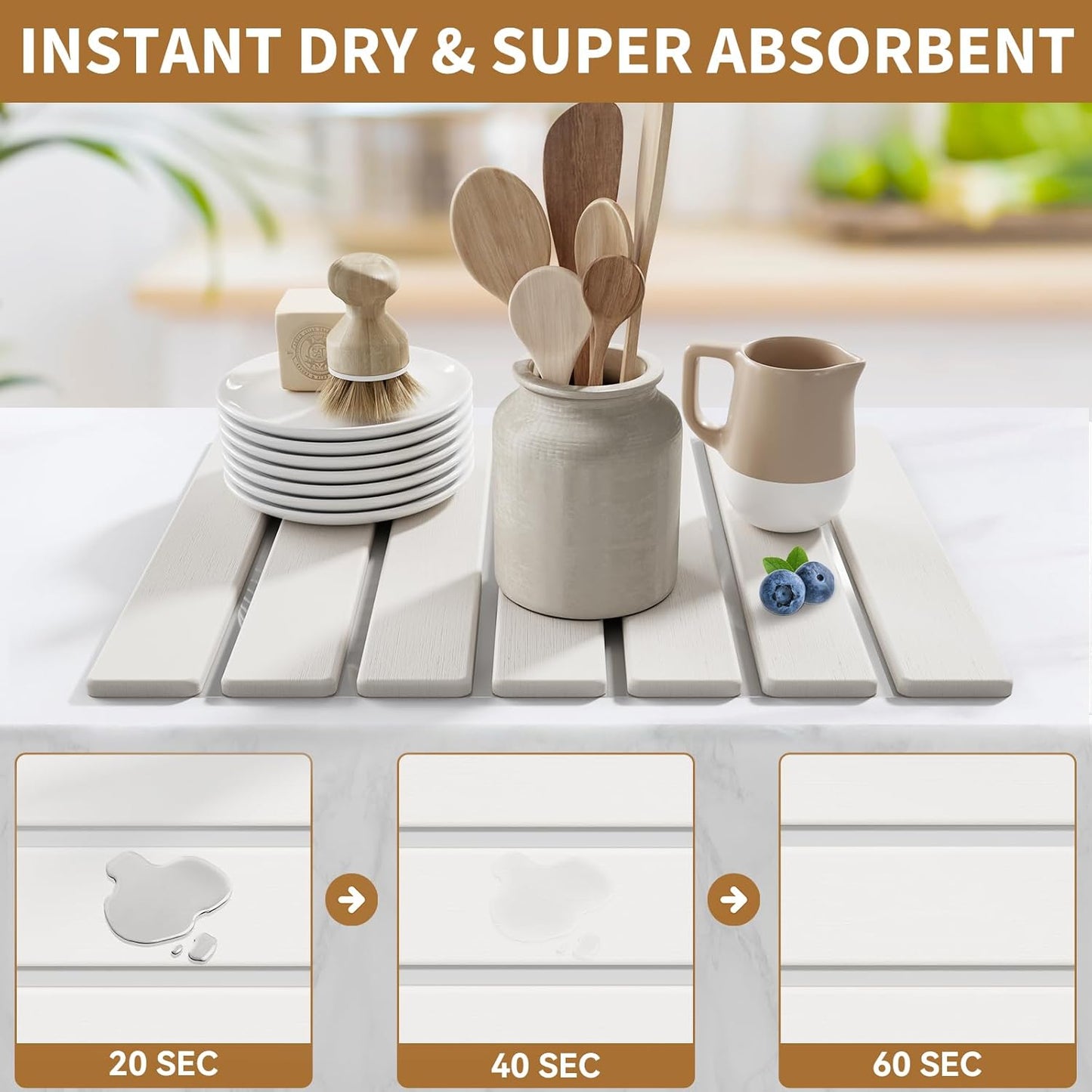 Large Stone Dish Drying Mats for Kitchen Counter,15.5''x11.8'' Foldable Quick Dry Stone Mat Kitchen,Eco-Friendly,Absorbent Diatomaceous Earth Mats for Dishes Bottles Cups Bathroom Any Countertop-White