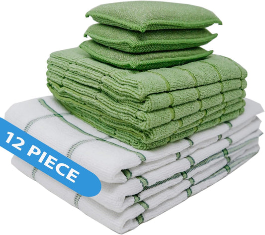 Don Aslett's 12 Piece Microfiber Kitchen Set | 6 Multi-Purpose Wash Cloths, 3 Super Absorbent Kitchen Towels, 3 Scratch-Free Sponges | Lint Free | Green