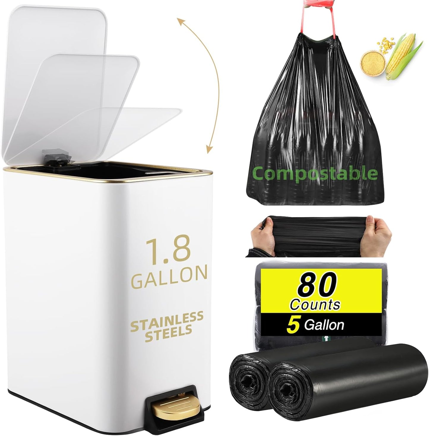 Small Bathroom Trash Can with Lid Soft Close, 1.8 Gallon Stainless Steel Garbage Can with Removable Inner Bucket,75Count Trash Bags, Slim Step Pedal Trash Bins