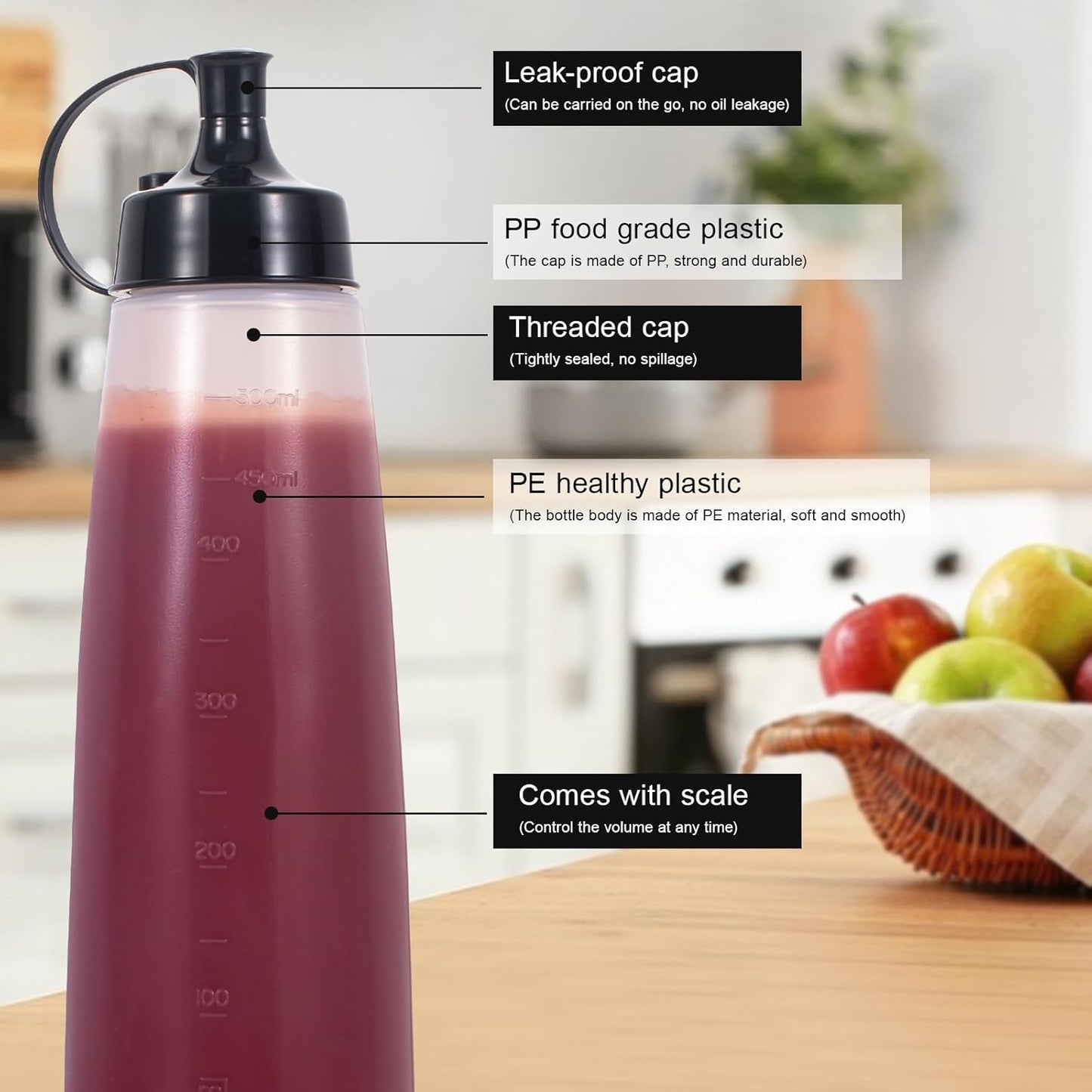 Condiment Squeeze Bottles Ketchup Dispenser 2PCS 16.9 oz Plastic Sauce Squirt Bottle with Cap Lids, Pancake Squirt Bottles for Sauces Liquids Mustard BBQ Dressing Pancake Art,Wide Mouth