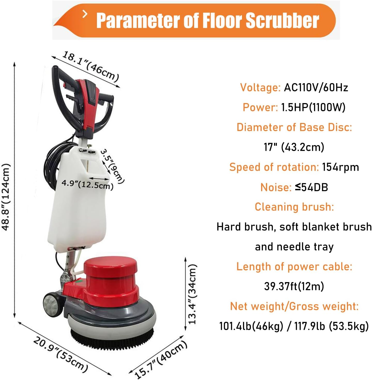 Commercial Floor Cleaning Machine 17" Floor Cleaner and Polisher Industrial Ground Scrubber Buffer with Three Brushes for Floor Cleaing, 110V