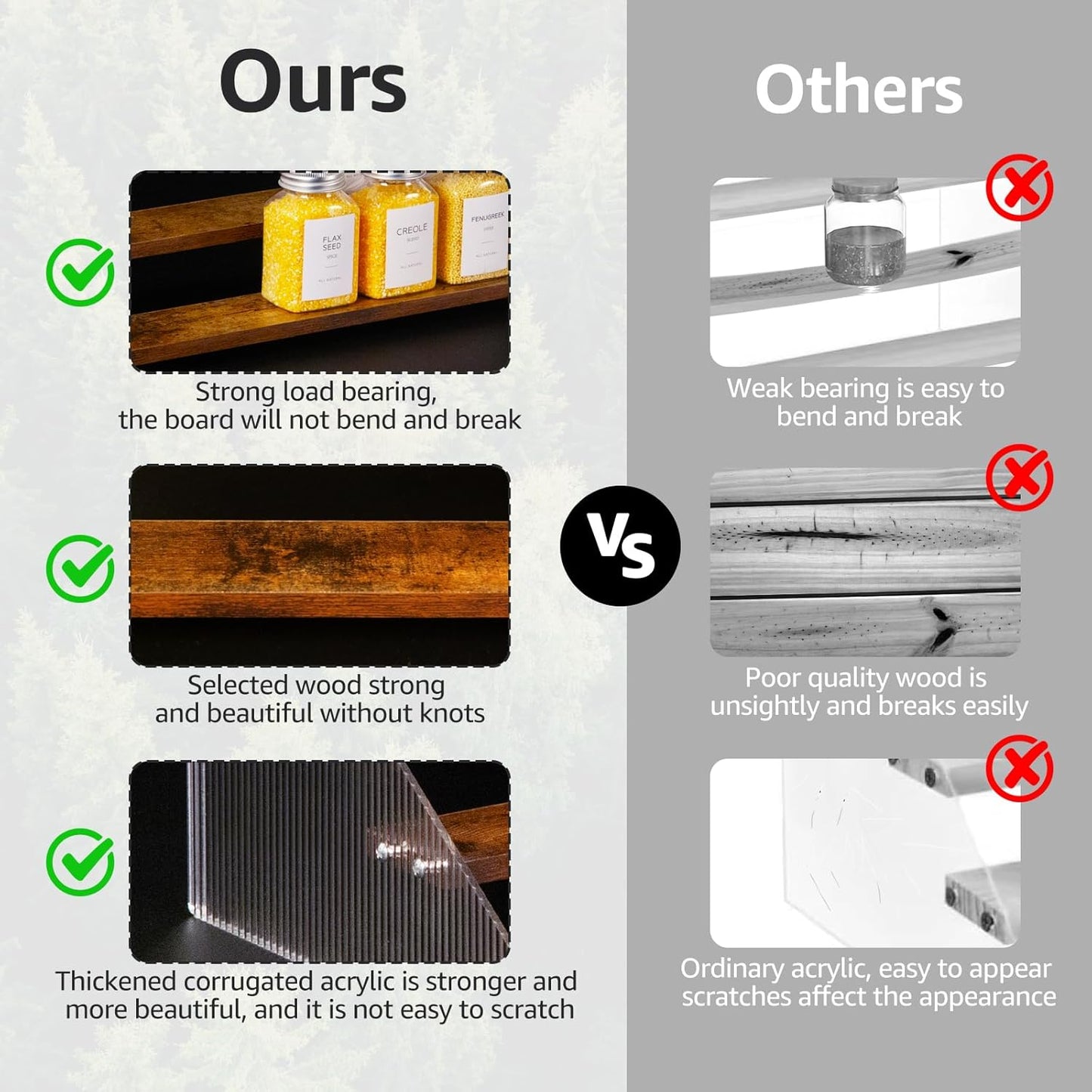 nianfeng Tiered Spice Rack, 3-Tier Spice Pantry Kitchen Cabinet Organizer, 12-Inch, Natural Wood Acrylic Stair Riser Stand, Countertop Seasoning Shelf (Rustic Brown)