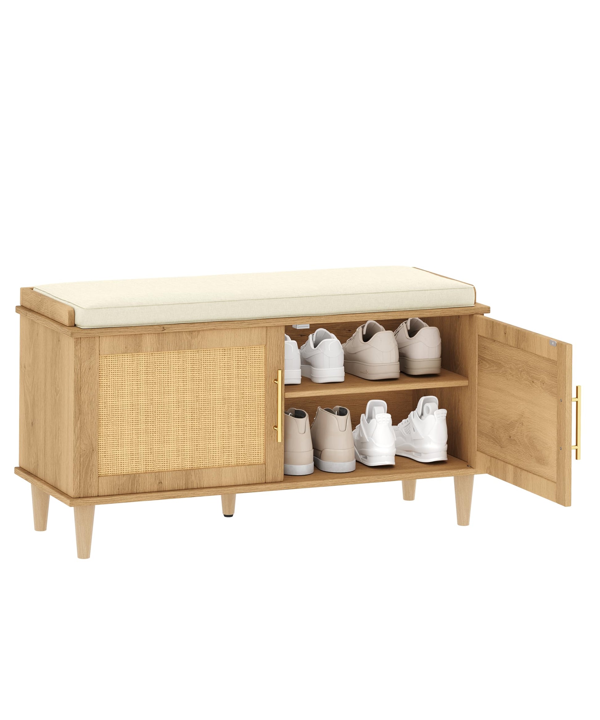 Akxomel 39.4" Rattan Shoe Storage Bench 2 Doors Wooden Entryway Bench Oak