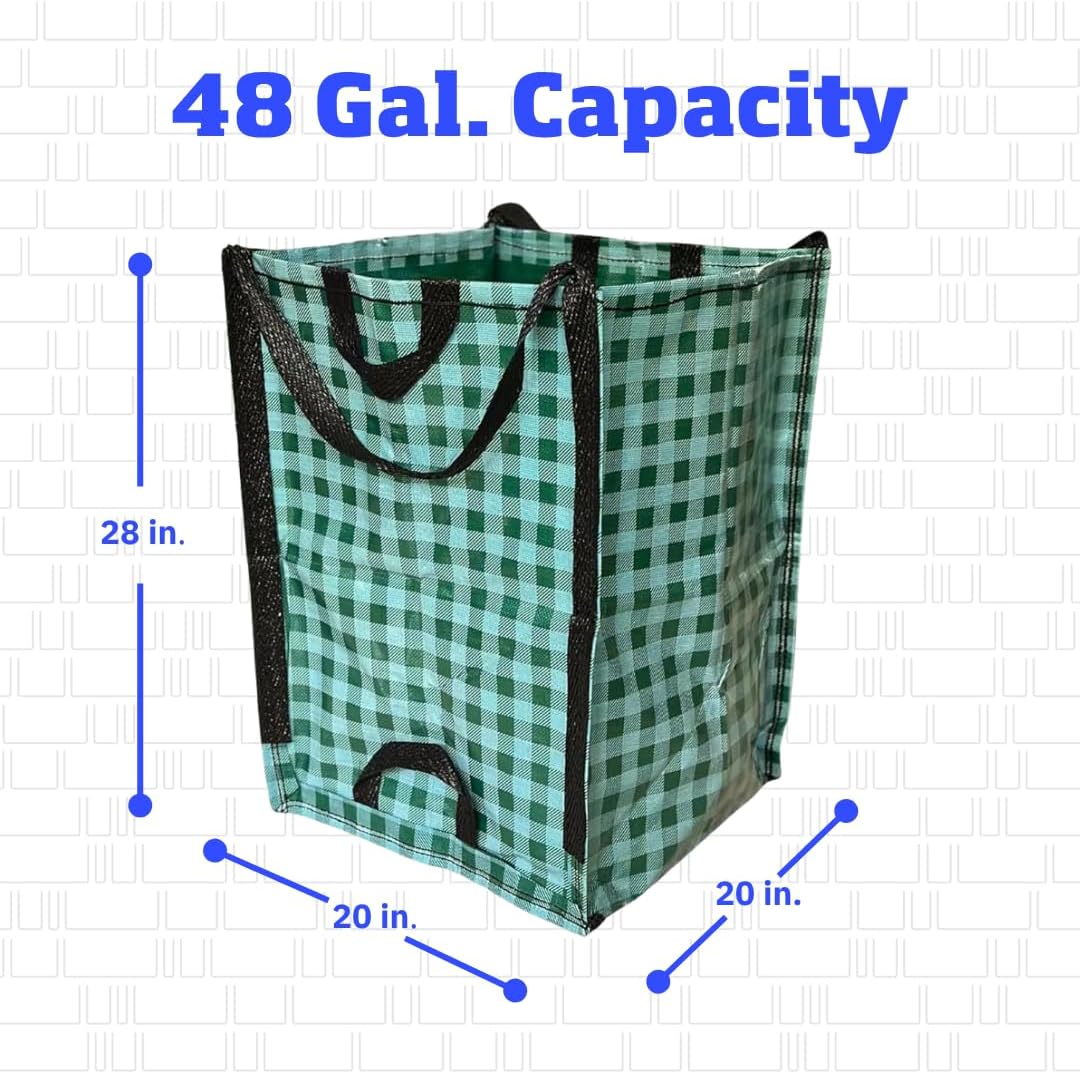 DURASACK Heavy Duty Home and Yard Bags 48-Gallon Reusable Self-Standing Lawn and Leaf Bags Garbage Can with Reinforced Handles, Gingham Green, 3 Pack