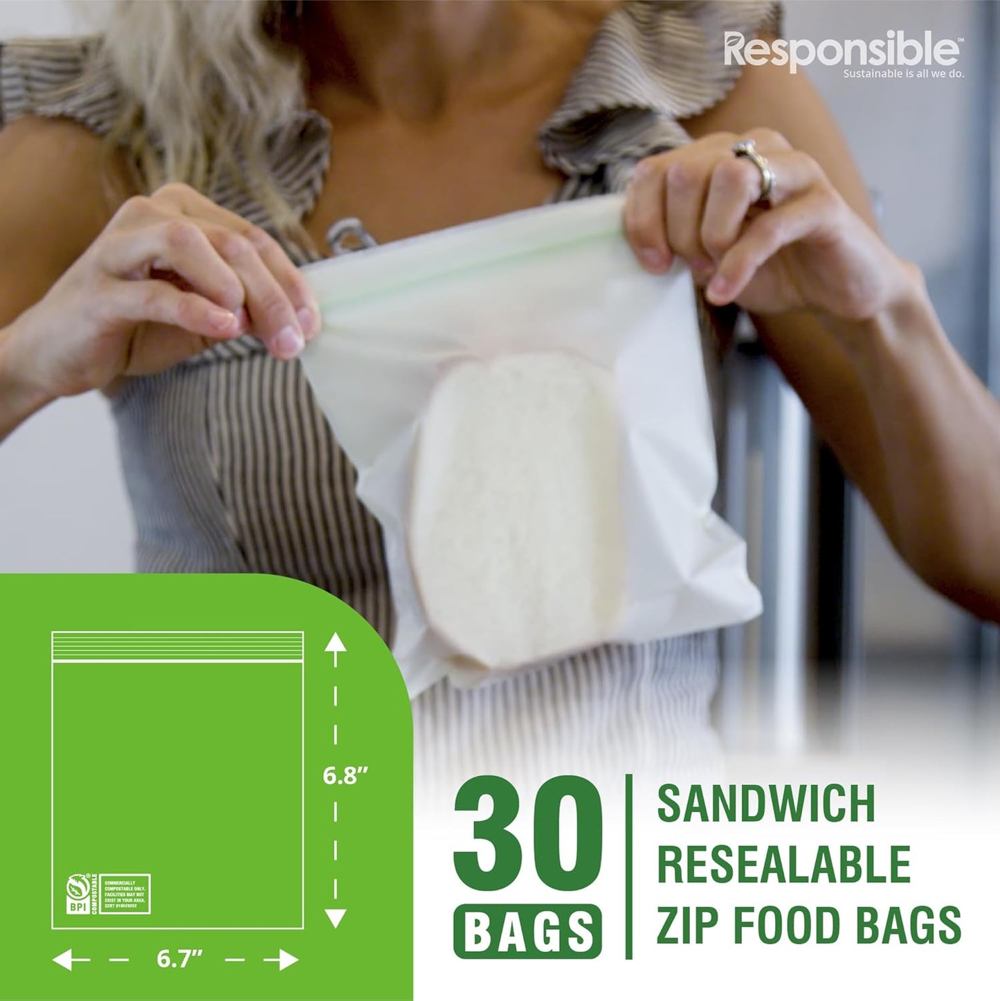 Responsible Products Certified Compostable SANDWICH Resealable Zip Bag, Extra Strength Food Bags, Plant-Based Freezer-Safe (30 Pack)