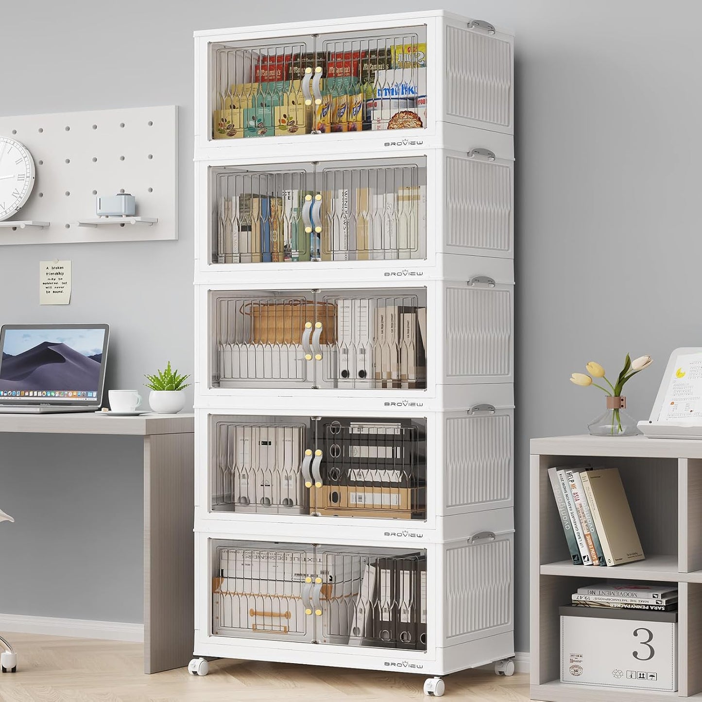 BROVIEW 300Qt Stackable Storage Bins with Lid, Extra Large Closet Organizer Collapsible Drawer Boxes with Wheels, Folding Plastic Cabinet Containers for Home Kitchen Room Organization, 5Pack White