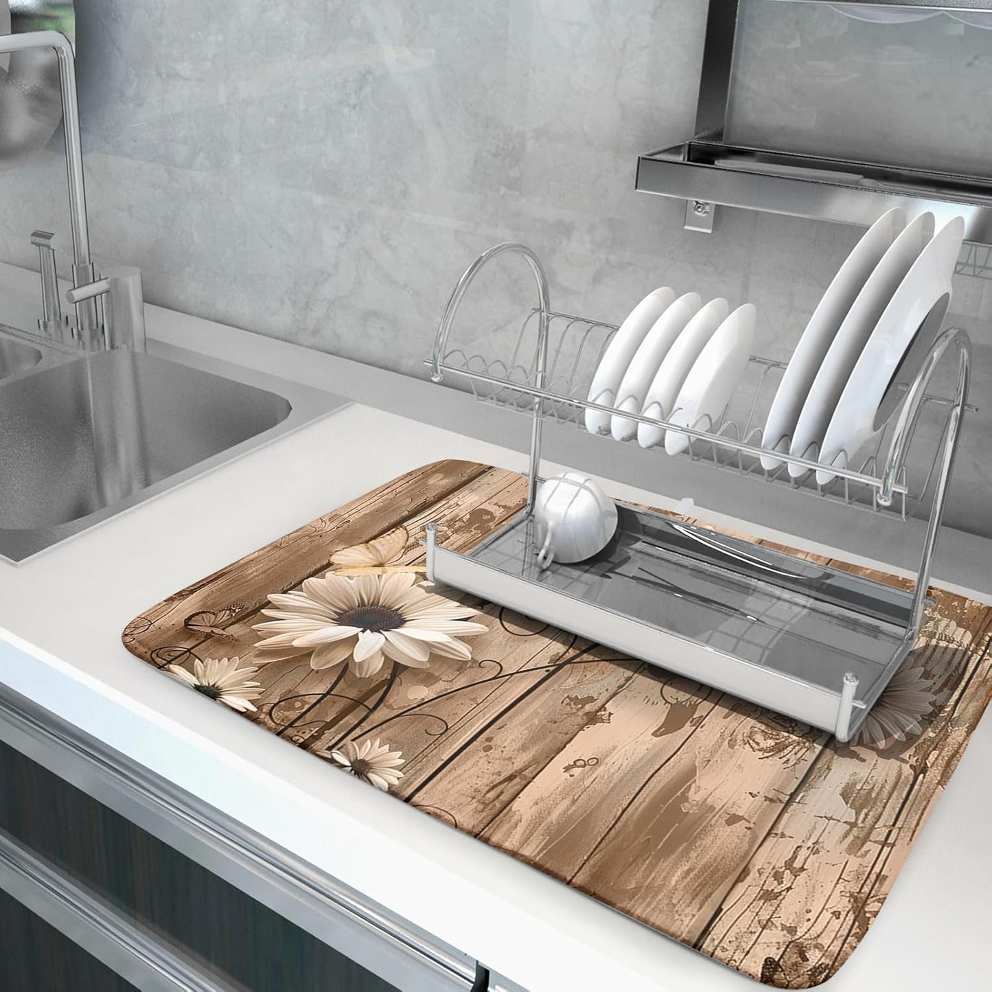 Summer Daisy Flowers Dish Drying Mat for Kitchen Counter 18x24 Inch Rustic Daisy Absorbent Dish Drying Mat Wood Microfiber Reversible Drying Pad Dish Drainer Mat for Countertops Tableware Decor