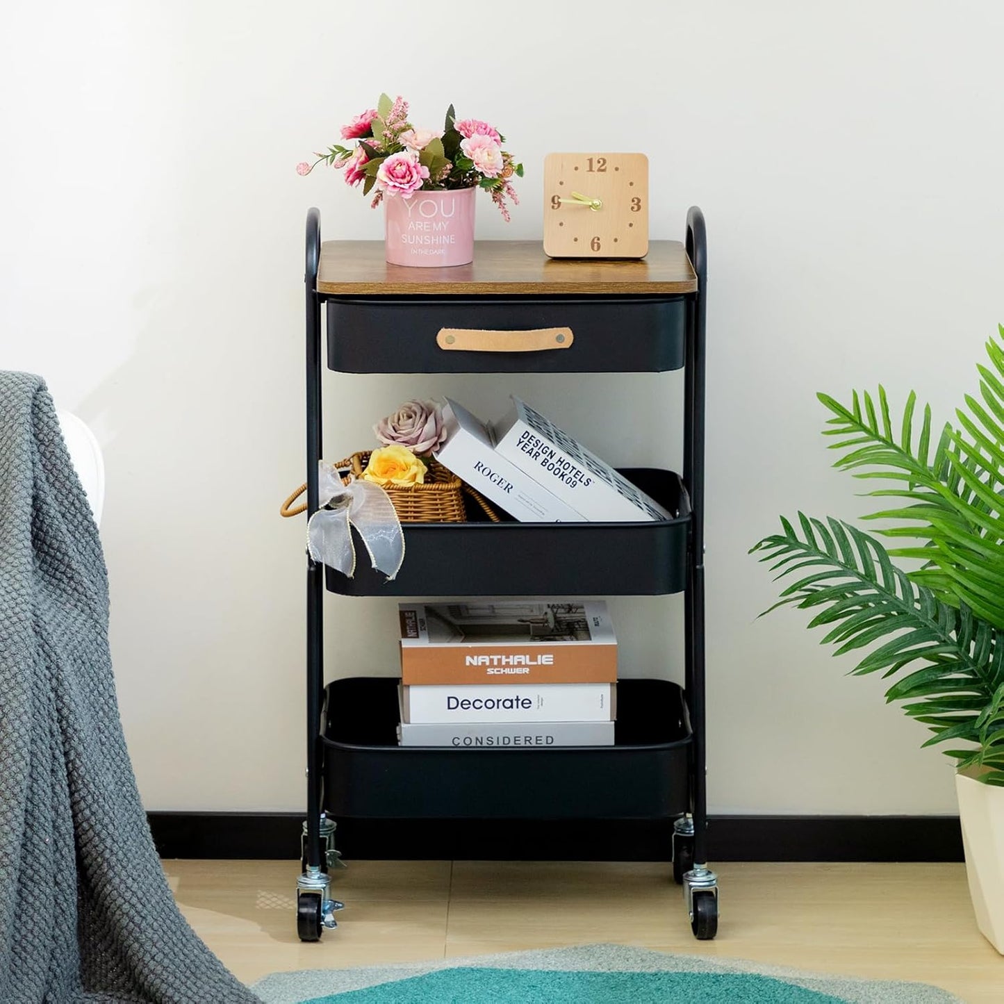 AGTEK Movable Rolling Organizer Cart with Drawer, 3 Tier Metal Utility Cart with Hanging Cups, Drawer with Leather Handle, Mobile Trolley Cart for Home & Office, Black