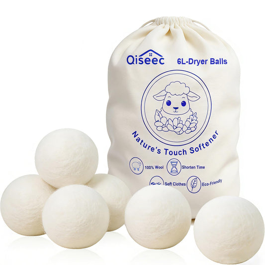Wool Dryer Balls 6-Pack L - Natural Reusable Laundry Fabric Softener, Reduces Wrinkles & Drying
