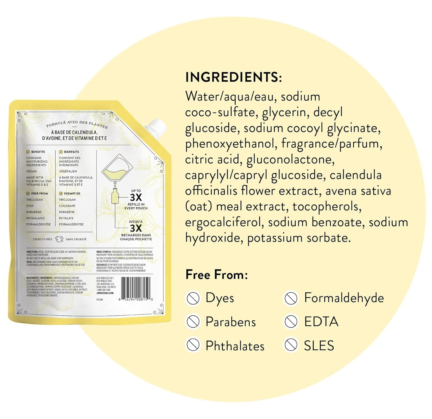 J.R. Watkins Foaming Hand Soap Refills, , Alcohol-Free Hand Wash, Cruelty-Free, , Moisturizing Hand Soap Refill for Bathroom or Kitchen, Lemon 28 fl oz Foam Soap Refill, 6 Pack