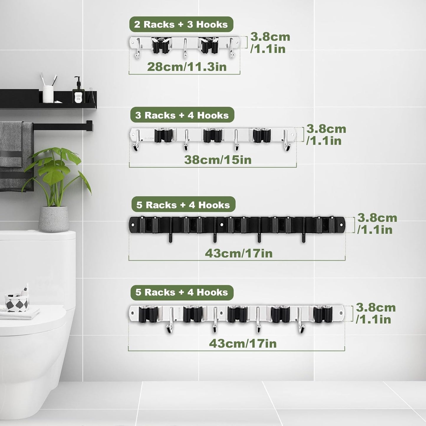 2 Pack 3 Racks and 4 Hooks Broom and Mop Holder Wall Mounted Garage Organizer Storage Tool Racks Stainless Steel Heavy Duty Hooks Self Adhesive Solid Non-slip Wall Hangers for Home Kitchen Garden