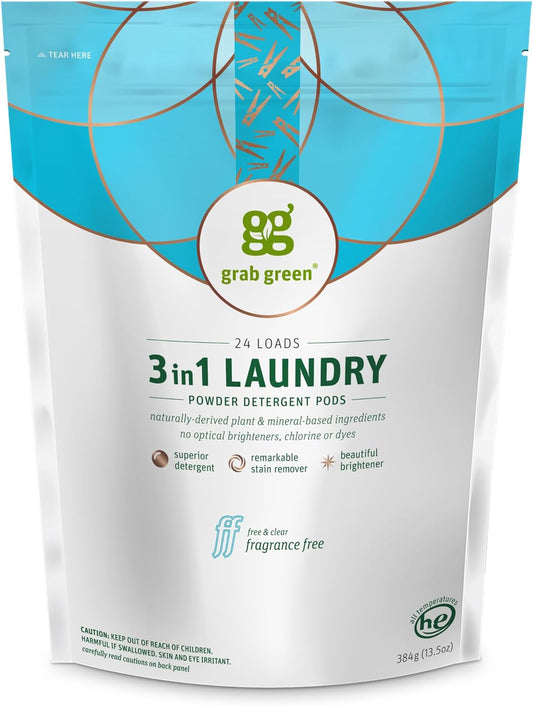 Grab Green 3-in-1 Laundry Detergent Pods, 24 Count, Fragrance Free, Plant and Mineral Based, Superior Cleaning Power, Stain Remover, Brightens Clothes