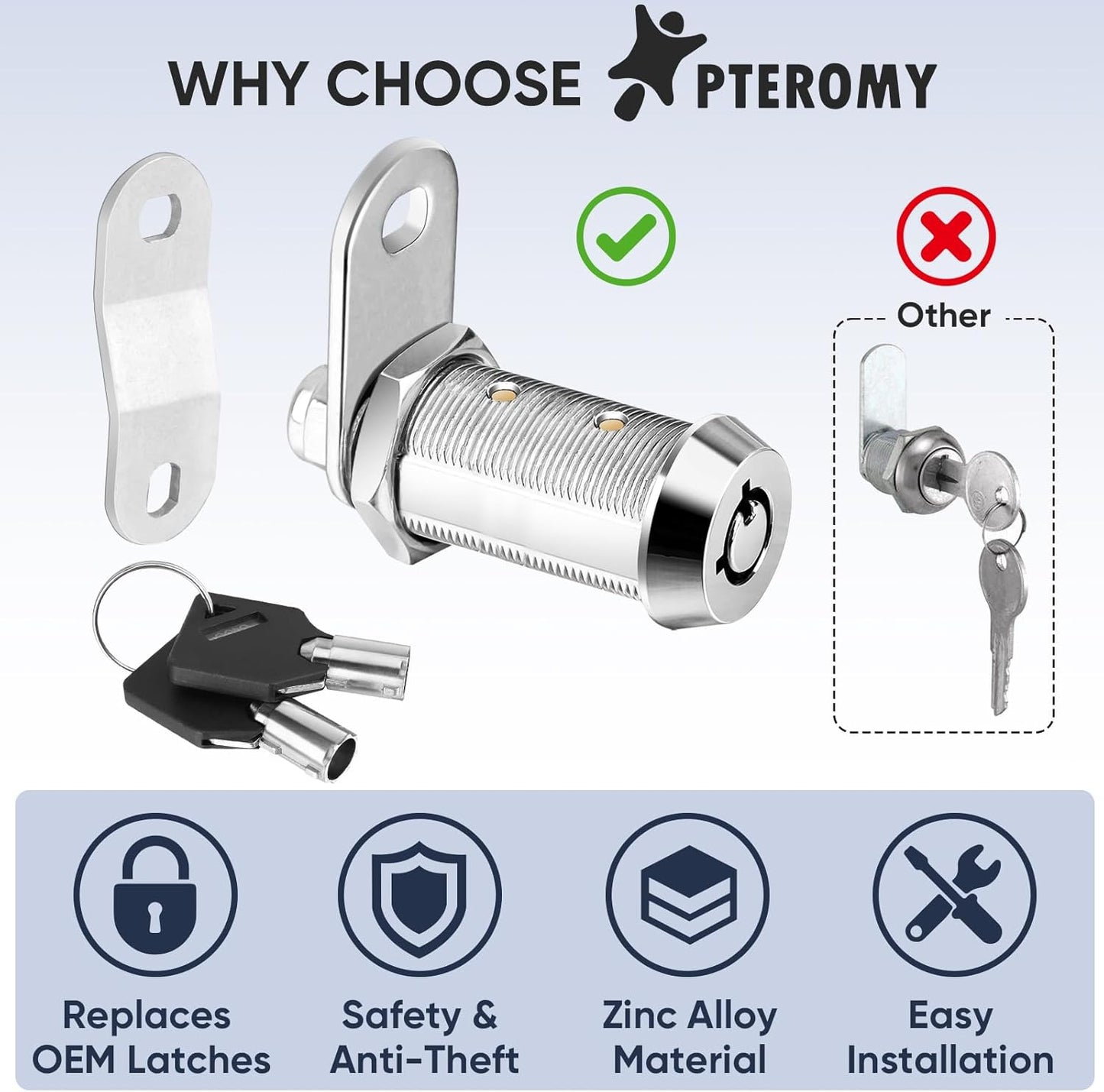 PTEROMY 2 Pack Cabinet Locks with Keys, Heavy Duty Tubular Cam Lock for RV Compartment Storage, Full Set (Chrome, 1-1/2'', 2 Pack)