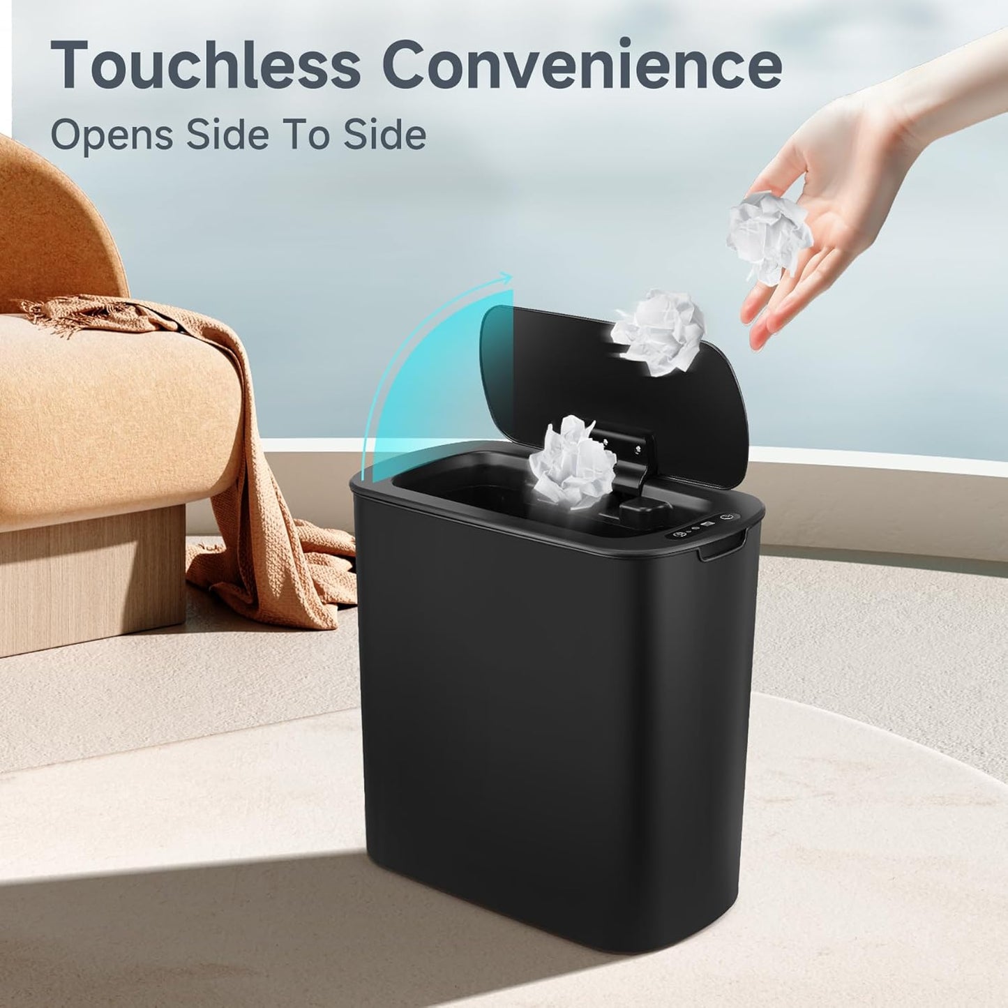 5 Gallon Motion Senor Bathroom Trash Can with Lid, Automatic Garbage Can Touchless, Smart Plastic Waste Basket for Narrow Spaces, Bathroom, Office, Bedroom, Living Room (Black)