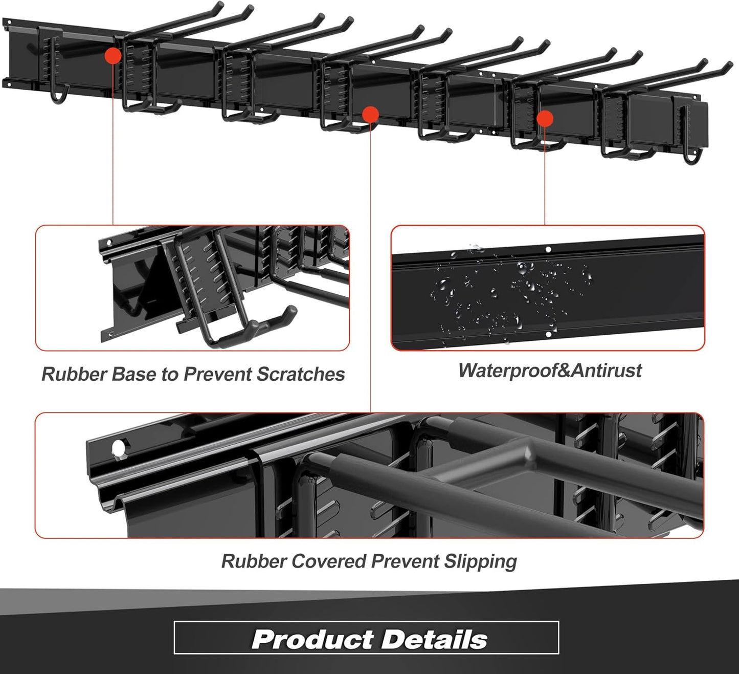 Storaboks Heavy Duty Garage Storage Rack System, Wall Mounted Tool Organizer with 8 Double Hooks, 3 Rails, Garden Yard Tools Hanger for Ski Gears, Broom, Rake, Shovel