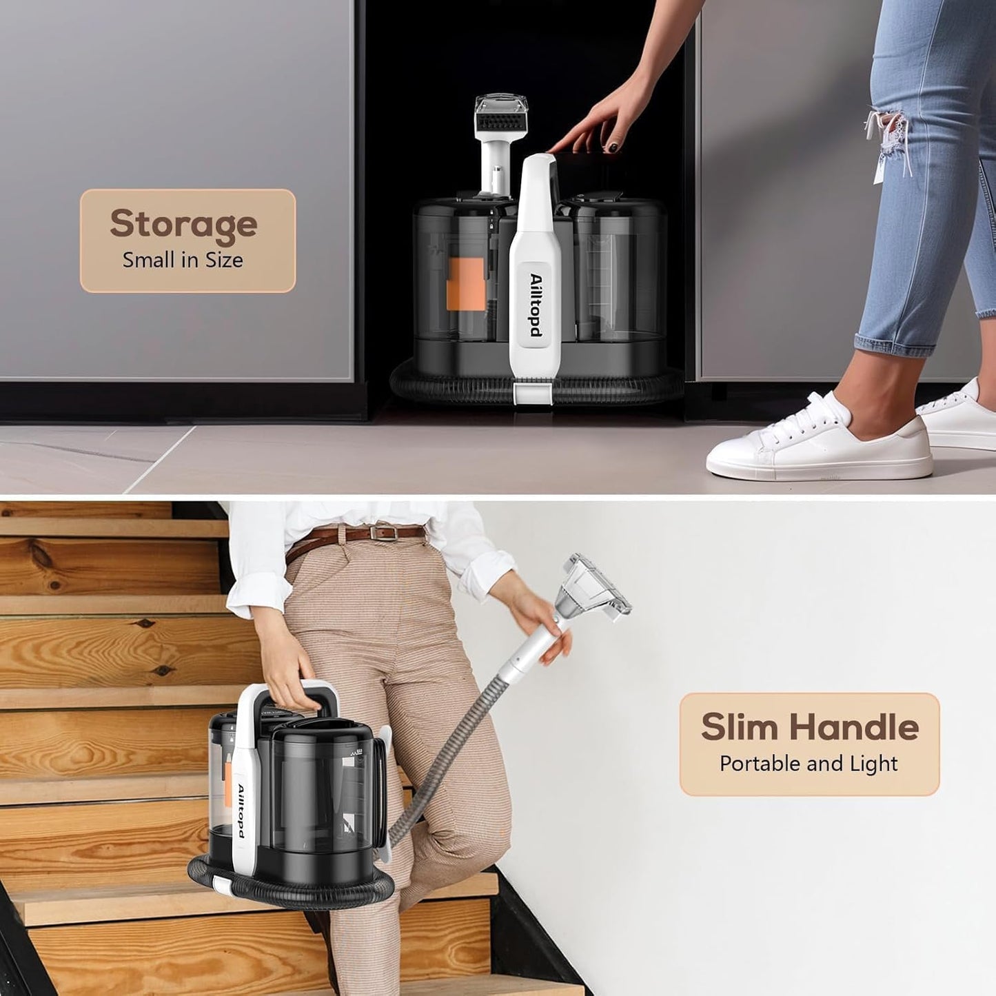 Upholstery Cleaner Machine, Portable Carpet & 15Kpa Upholstery Spot Cleaner Machine, Deep Stain Cleaning for Carpet, Pets, Stairs, Car Seat, Couch, with Dual Size BrushHead and Cleaning Solutions