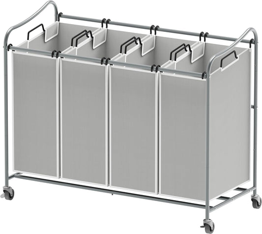 Simple Houseware 4-Bag Heavy Duty Laundry Sorter Rolling Cart, Silver