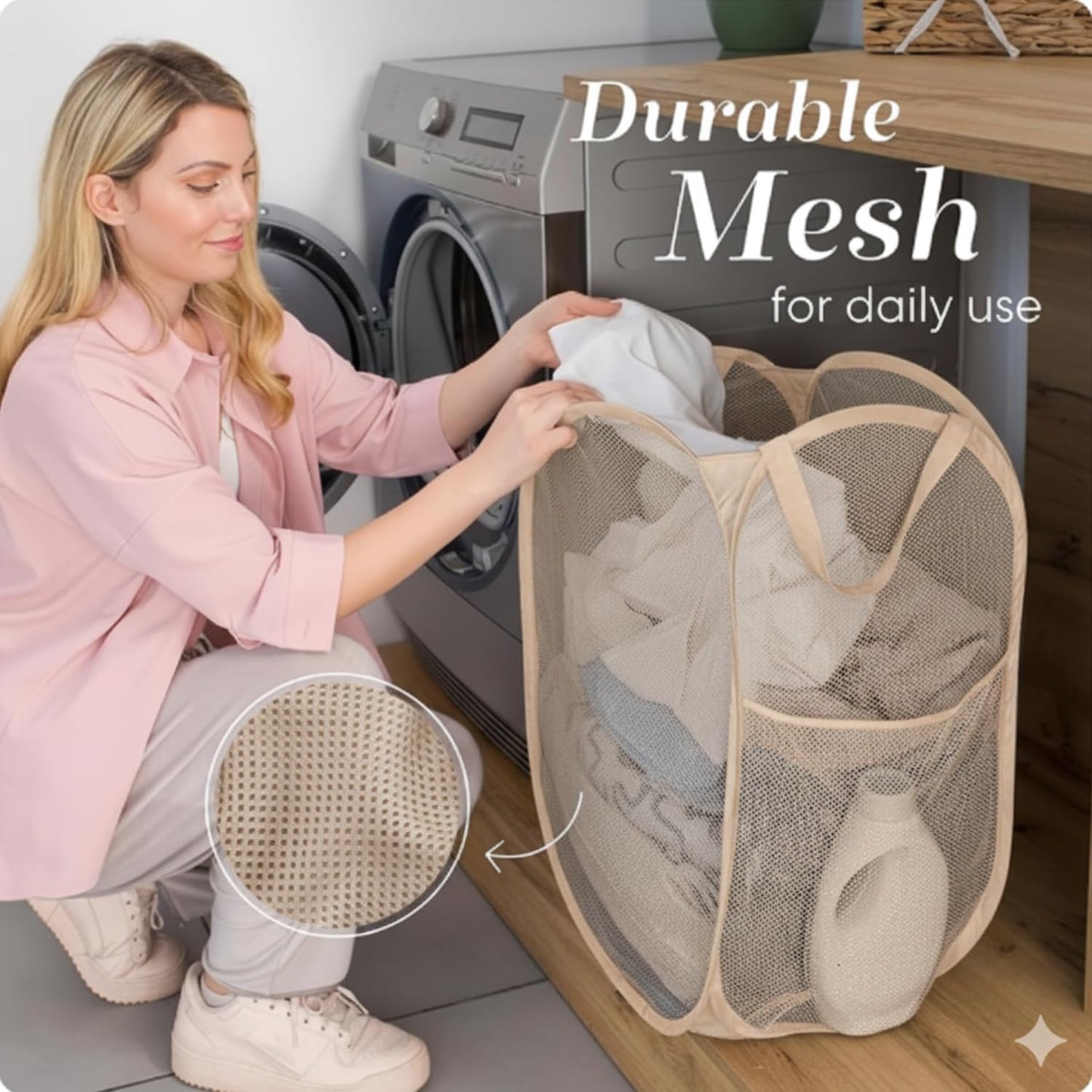 Handy Laundry Collapsible Mesh Pop Up Hamper with Wide Opening and Side Pocket - Breathable, Sturdy, Foldable, and Space-Saving Design for Clothes and Storage (Beige)