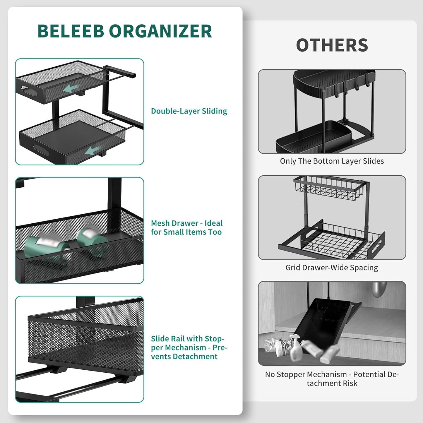 Under Sink Organizer, Extra-Wide Upgrade, 2-Pack of 2-Tier Metal Slide Out Cabinet Organizer, Height Adjustable Organization and Storage Series, Bathroom/Cabinet/Kitchen organization, Black