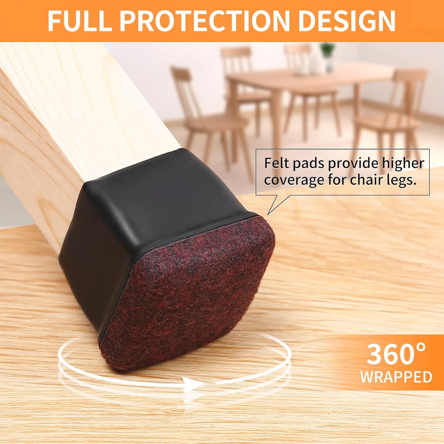 Ezprotekt 24 Pcs Black Square Chair Leg Floor Protectors with Felt, Silicone Felt Furniture Pads Cups for Hardwood Floor, Dining Table Leg Caps Covers No Scratches and Noise (M Fit: 0.75" - 1")