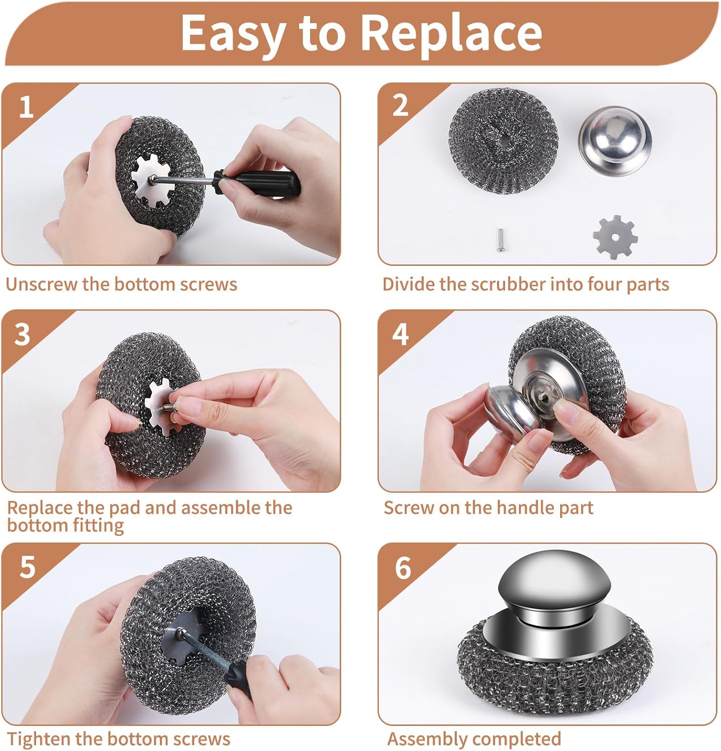 6Pcs Steel Wool Scrubber with Replacement Wire Pads Set, Stainless Steel Scrubber with Handle for Scouring Stubborn Messes from Cast Iron, Pots, Pans, Grill, Stoves, Sink(1 Scrubber+5 Pads)