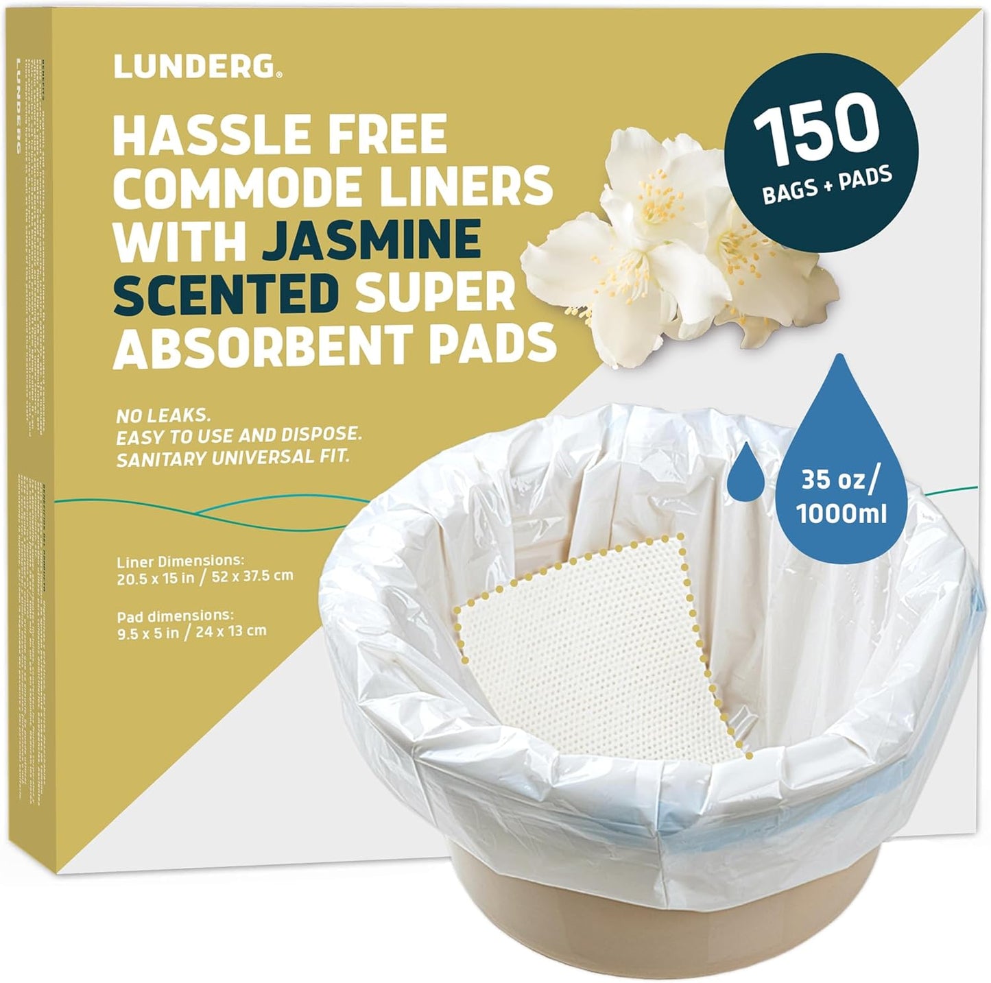 Lunderg Commode Liners with Absorbent Pads - Jasmine Scent Medical Grade 150 Count Universal Fit - Disposable Bedside Commode Liners and Pads for Adult Chairs, Portable Buckets & Camping Toilet Bags