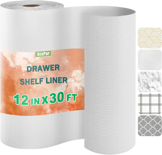 OcePor Non-Adhesive Drawer and Shelf Liner 12IN x 30FT, Non Slip Cabinet and Cupboard Liner, Kitchen Cabinet Liners for Shelves,Waterproof Drawer Shelf Liners for Cabinets/Bathroom Cupboard, White