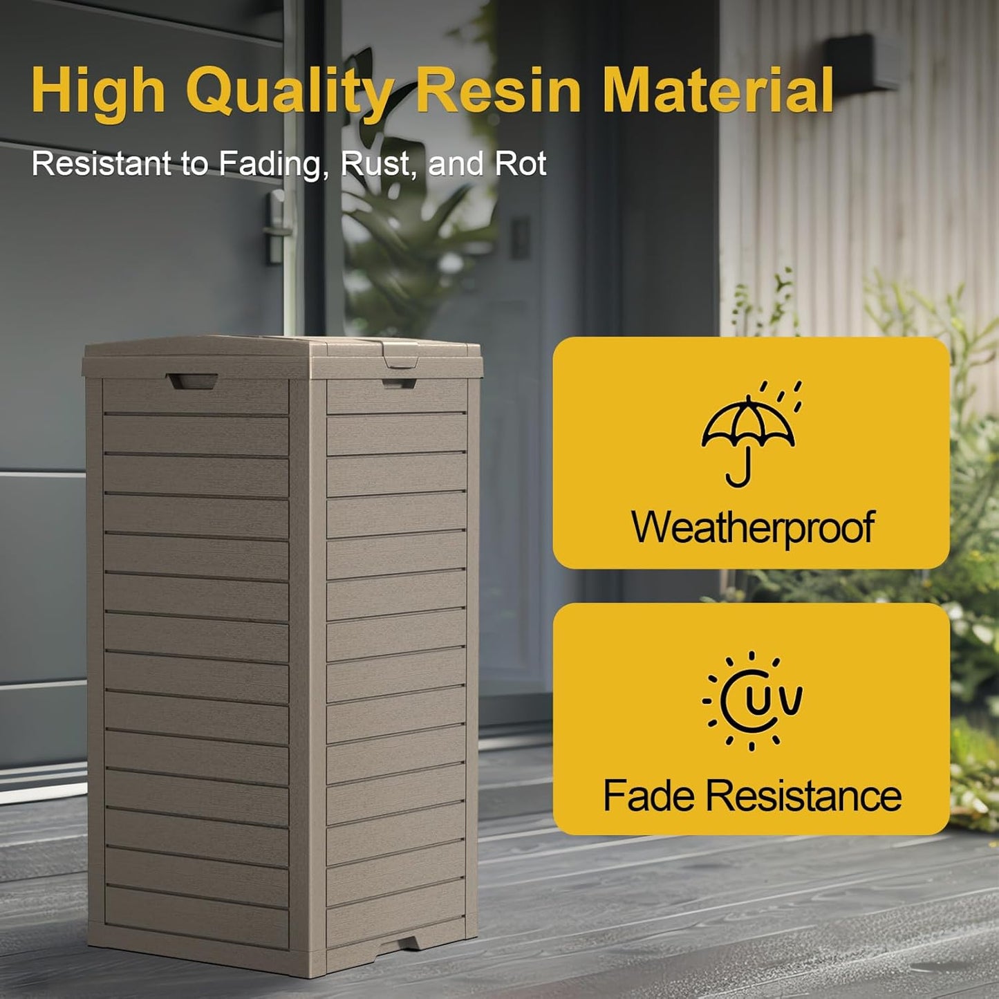 31 Gallon Outdoor Trash Can with Tiered Lid and Drip Tray,Waterproof Resin Waste Bin Indoor,Durable,Stylish,Lightweight Garbage Bin for Patio,Kitchen,Backyard and Office(Gray)