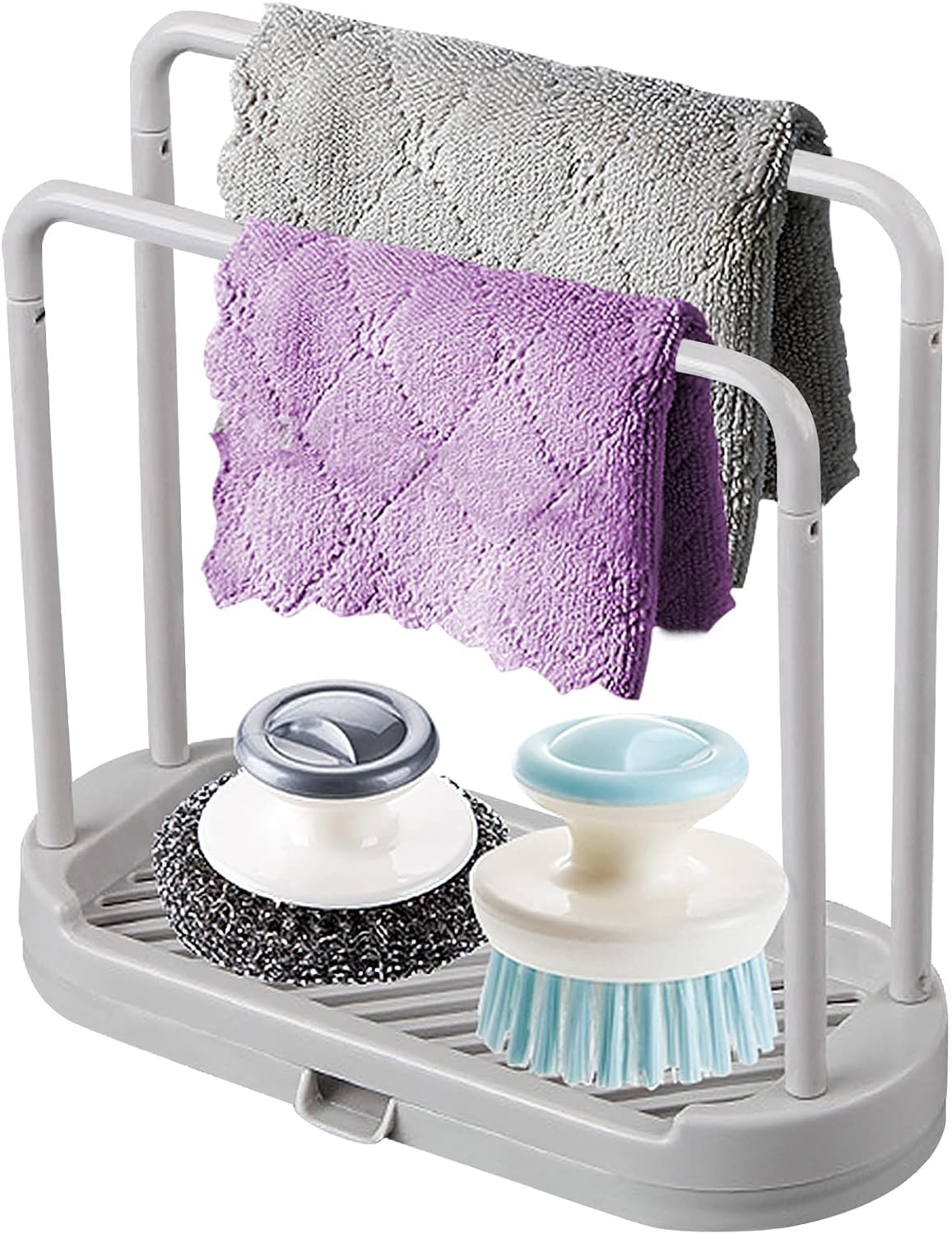 Kitchen Sponge Holder Dishcloth Hanger, Kitchen Sink Rack Tray Organizer Stand for Sponge, Dish Cloth, Rag, Brush, Scrubber Storage and Organization (Grey)