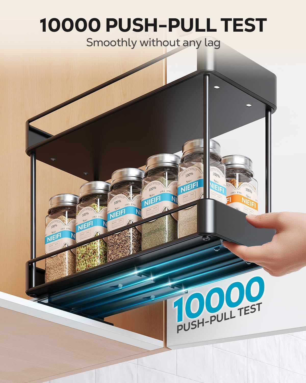 Nieifi Spice Rack Organizer for Cabinet, Vertical Spice Rack Pull Out, Easy to Install, Metal, 4.5''Wx10.35''Dx8.4''H, 2 Pack, 2 Tiers(Black)