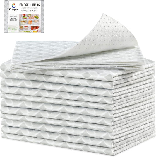 Cooyes 12 Pack Large Refrigerator Liners 17.7" x 36", Absorbent Strong Grip Fridge Liners Washable, Fridge Shelf Liner for Kitchen Cabinets, Non-Adhesive Refrigerator Bin Liners and Mats