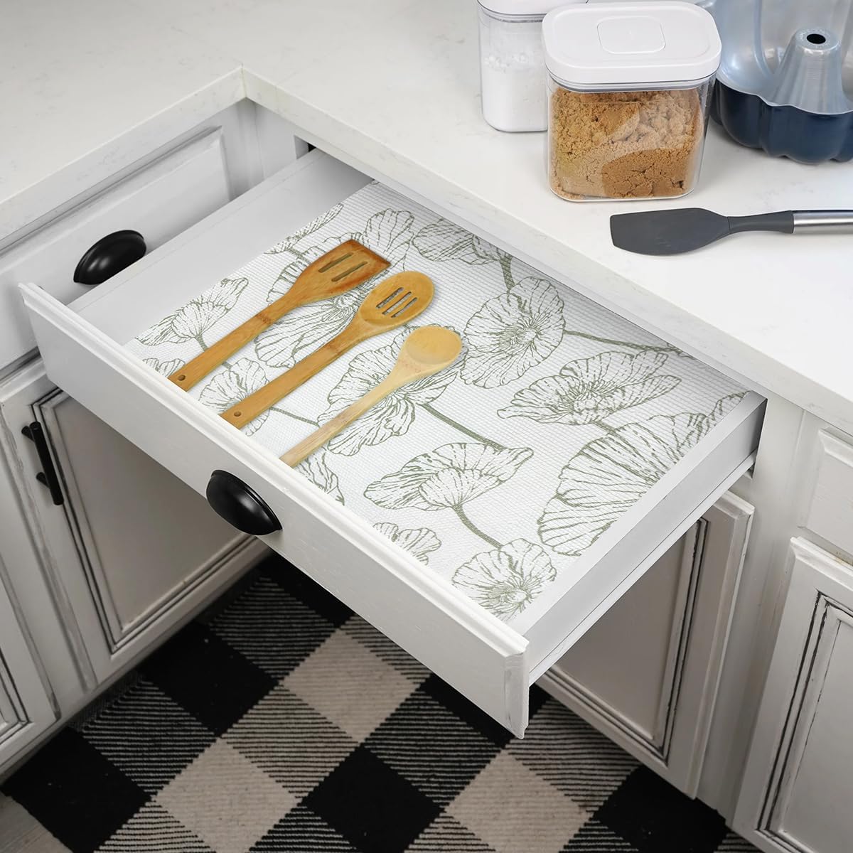 Shelf Liner for Kitchen Cabinets Non Adhesive Kitchen Drawer Liner,Non-Slip Lotus Cabinet Liner Shelf Paper,Pantry Shelf Liners for Cabinets Dresser Cupboard Liner Decorative 23.6In x 10FT