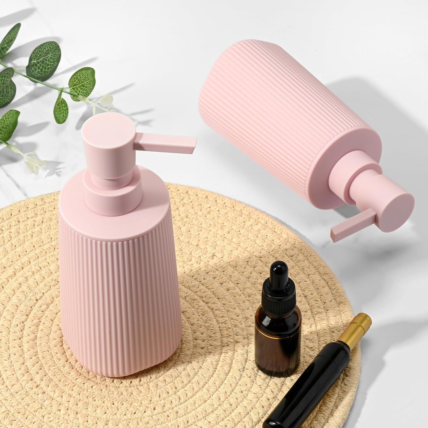 Pink 2 Pack Hand Soap Dispensers with No Rust Pump for Bathroom Kitchen or Vanity Countertops Refillable Striped Matte Plastic 8.5 oz Cute Design for Girls Room Decor